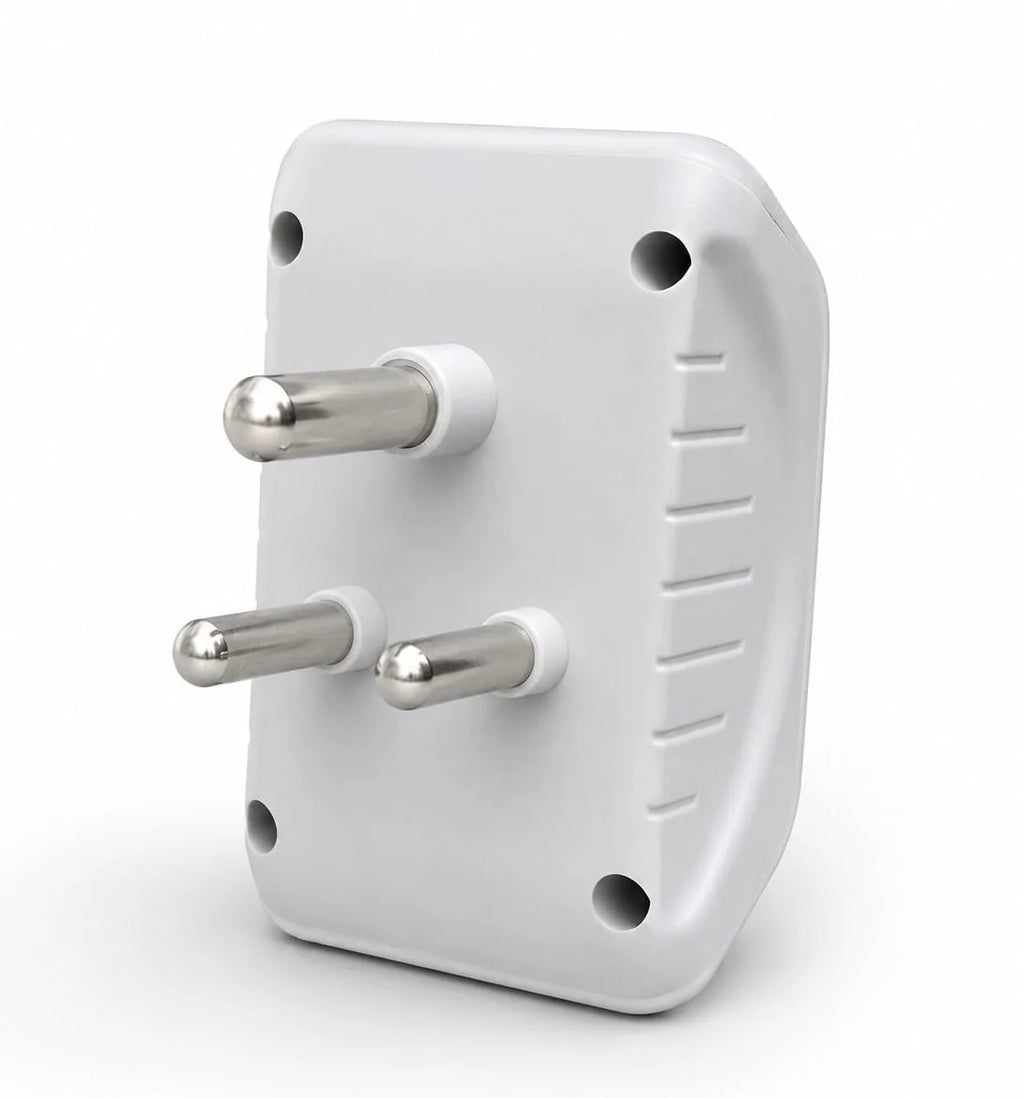 Back of 6A multi plug adapter showing the 3 round pins
