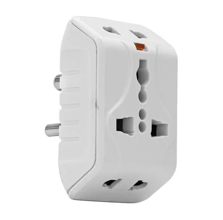 6A 3 pin multi plug travel adapter, white, side angle showing universal sockets