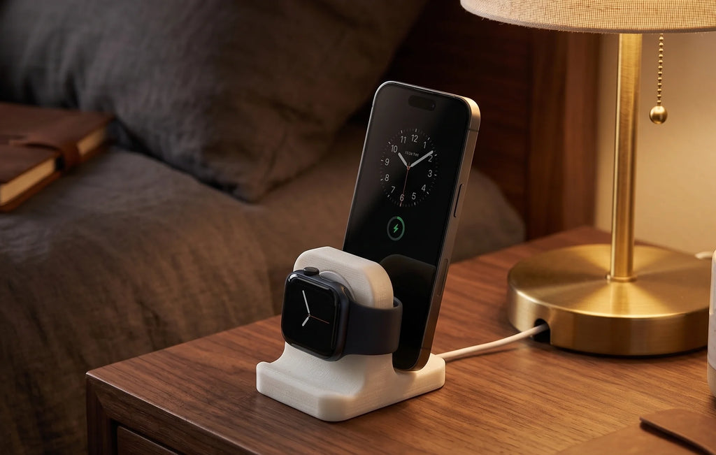 3D printed Apple Watch charging stand on a bedside table with watch and phone
