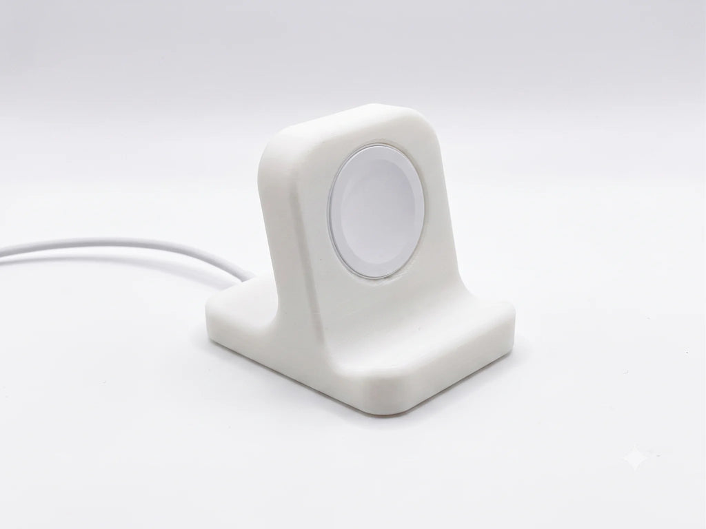 White 3D printed Apple Watch charging stand, front view