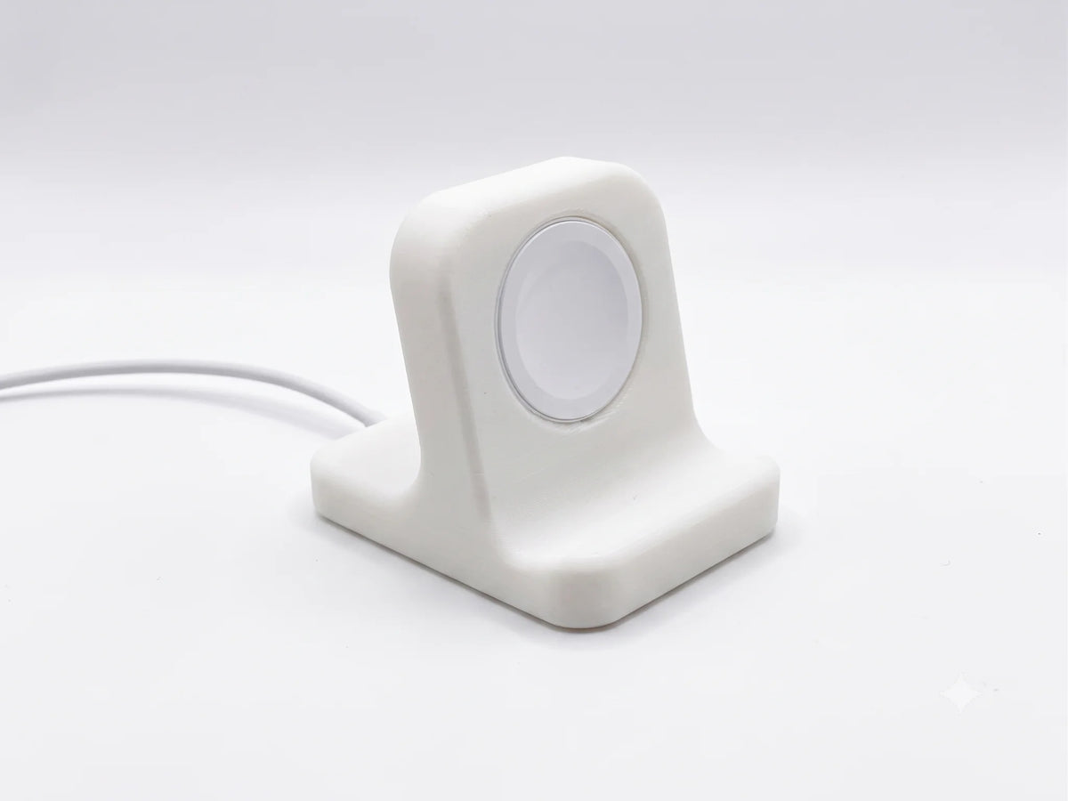 White 3D printed Apple Watch charging stand, front view