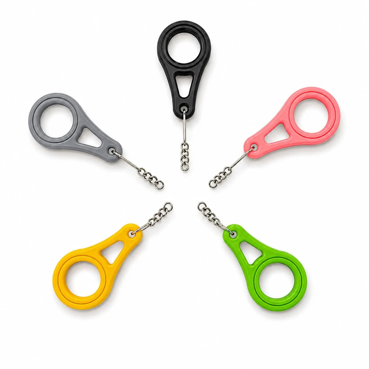 Five bag clip keychains in grey, black, pink, yellow and green