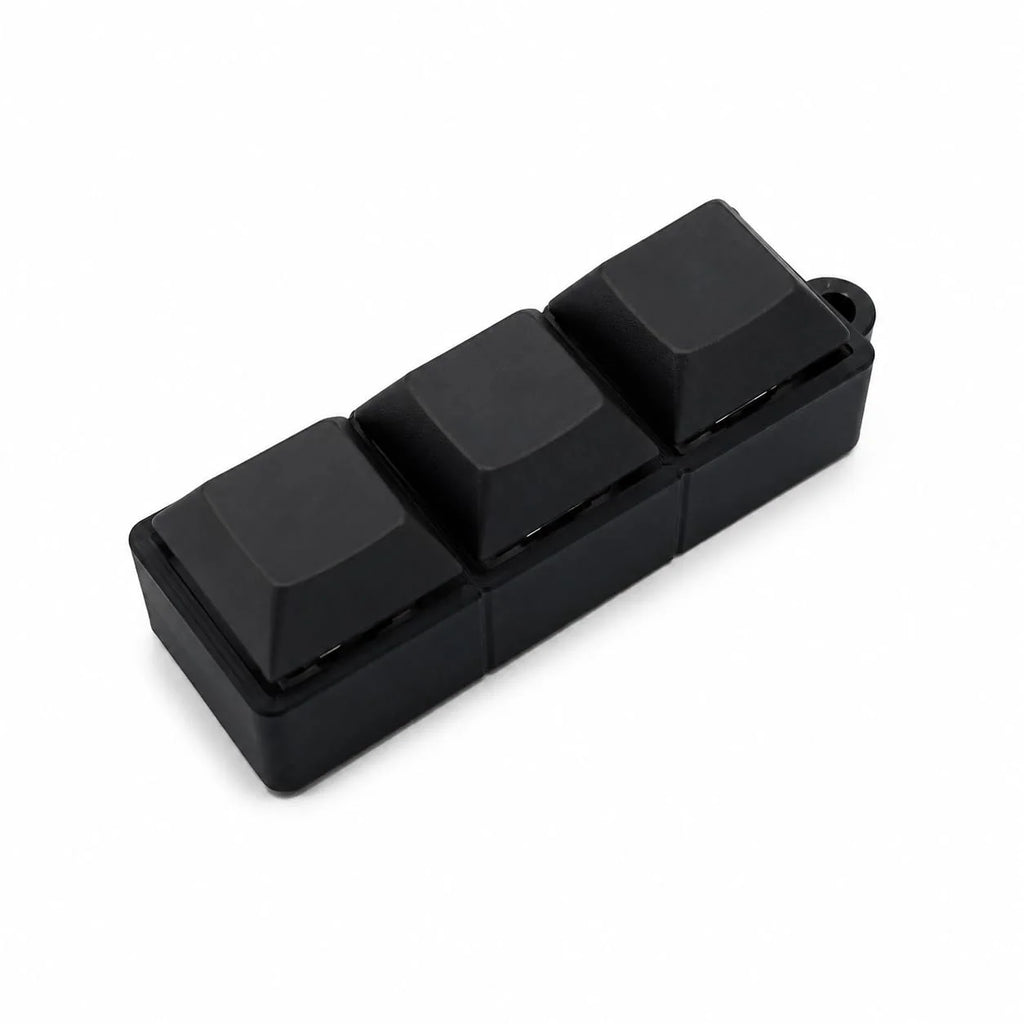 Black 3-key mechanical fidget keychain with clicky blue switches