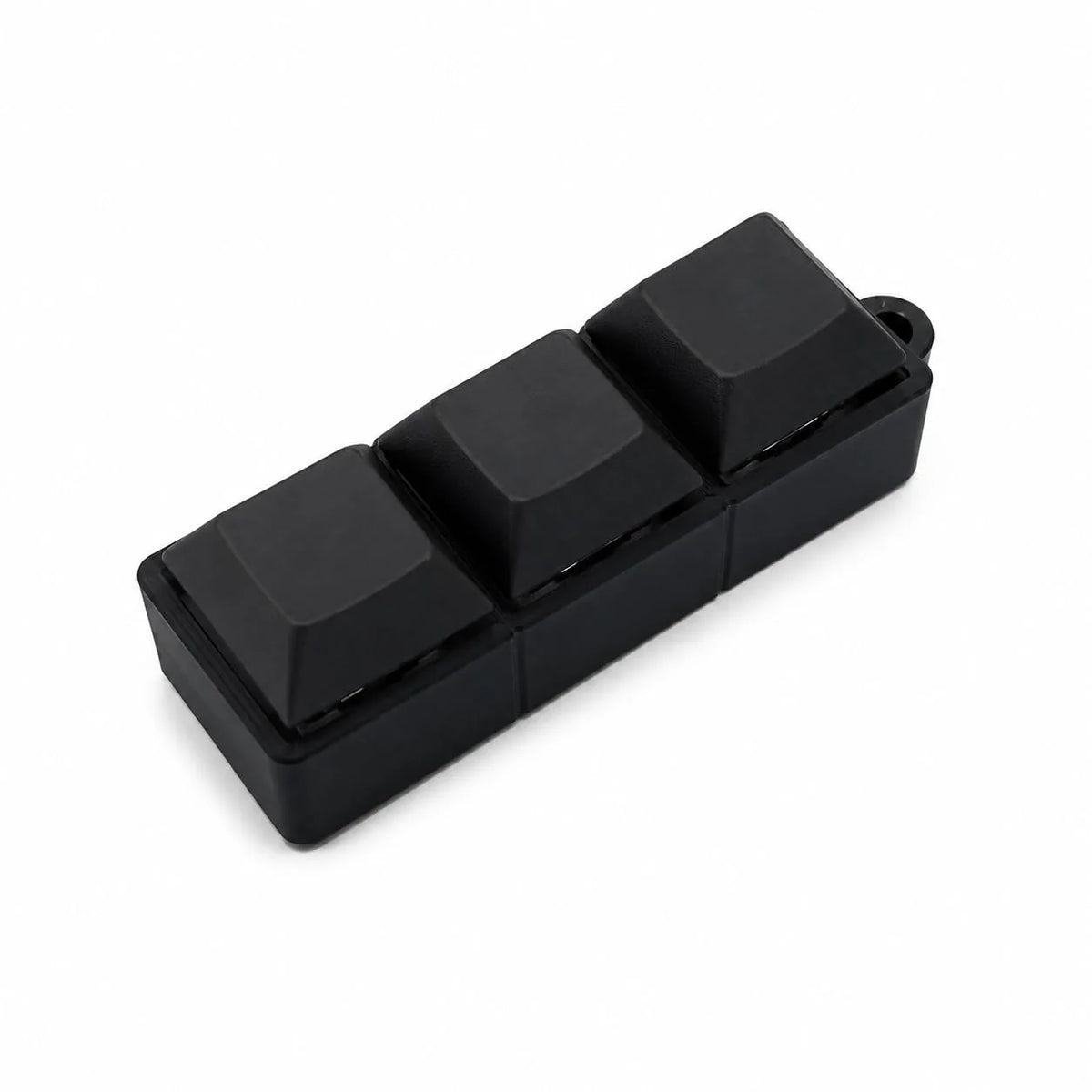 Black 3-key mechanical fidget keychain with clicky blue switches