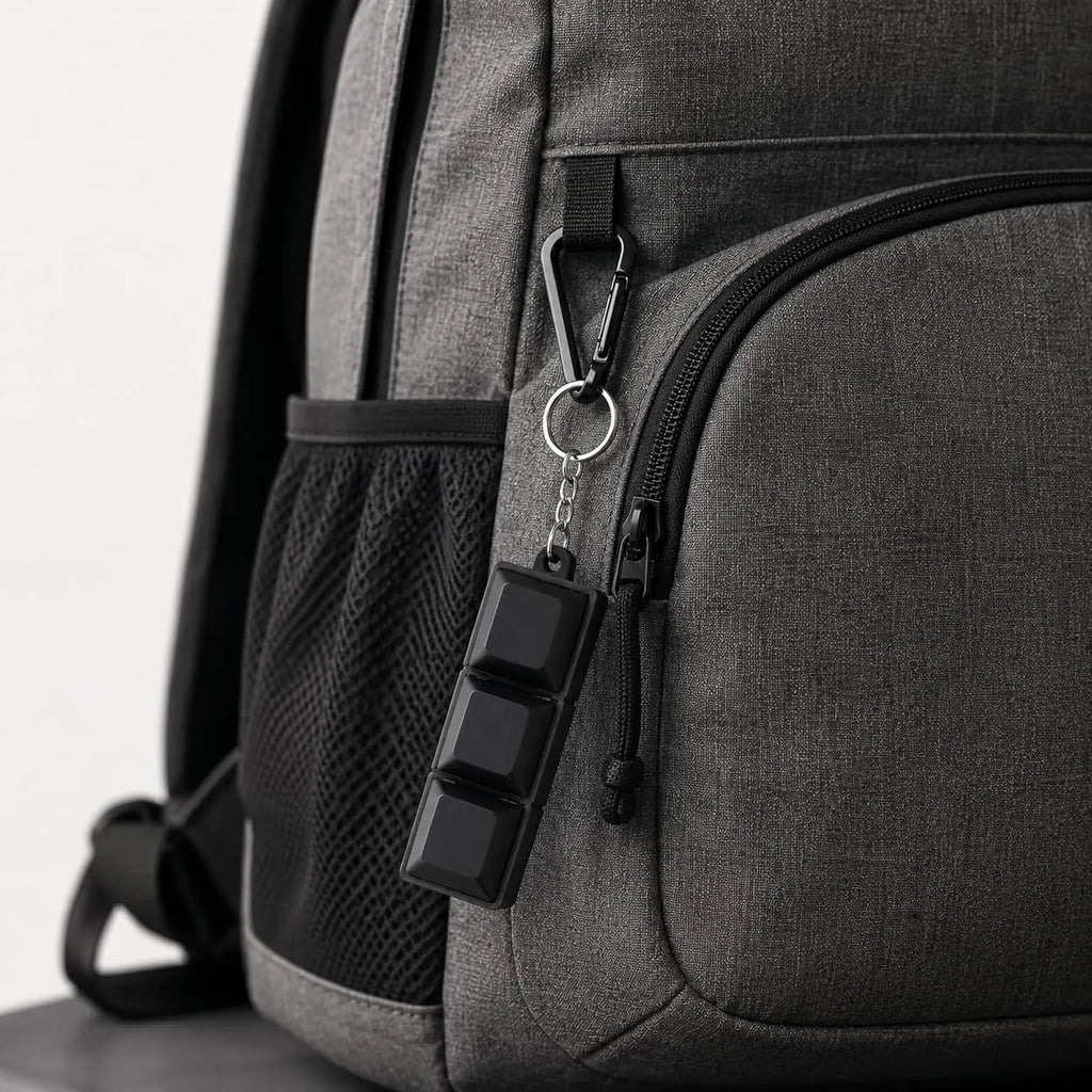 Black 3-key clicky fidget keychain clipped to a grey backpack