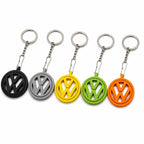Five logo keychains in black, grey, yellow, green and orange
