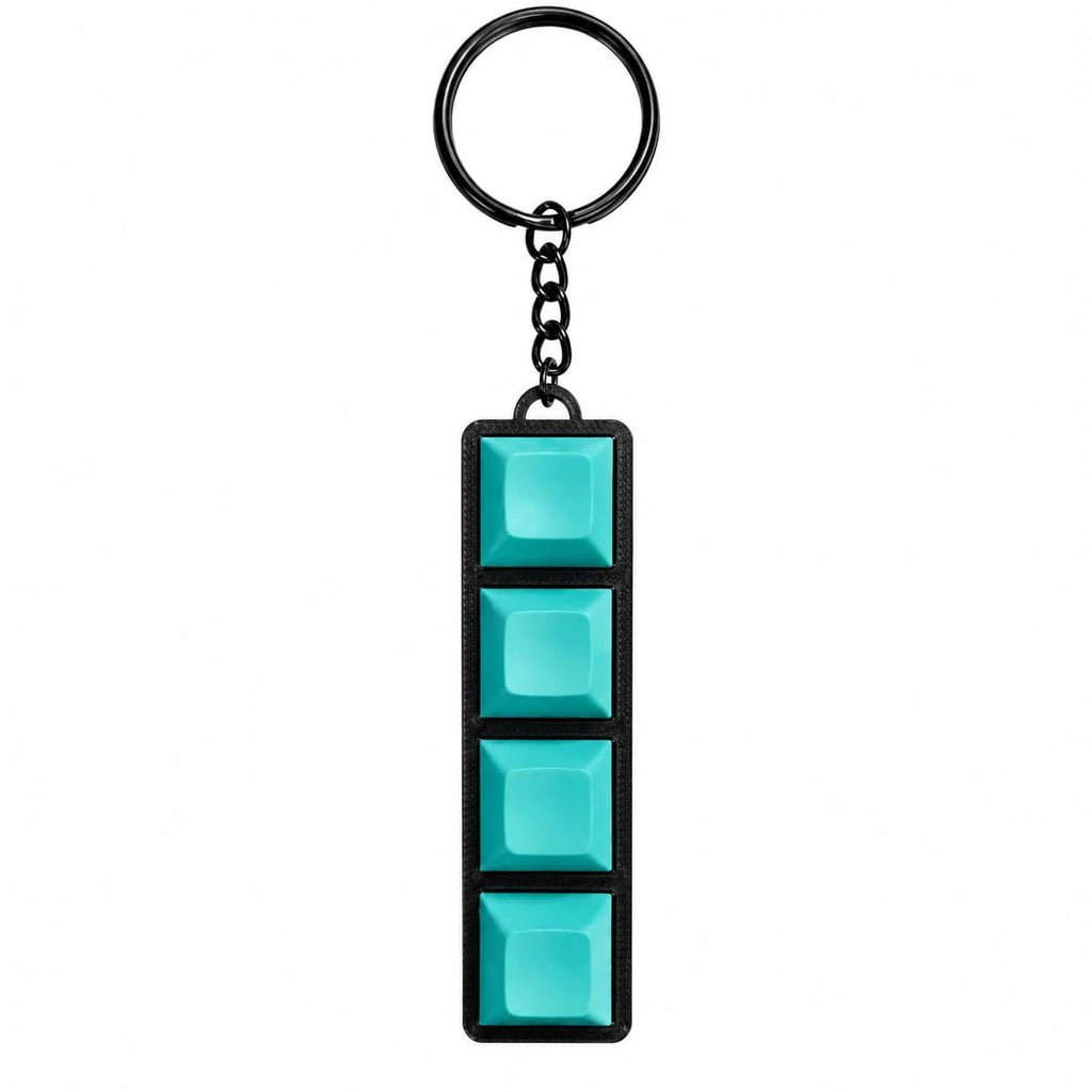 Mechanical keyboard keychain fidget toy with 4 teal keycaps and Gateron blue switches