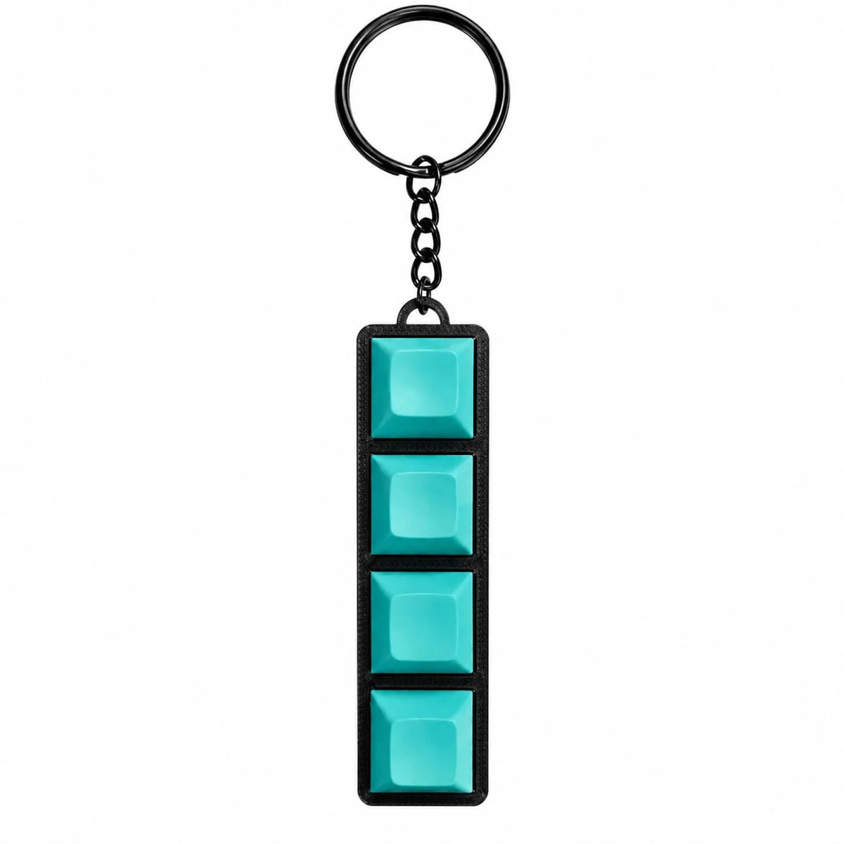 Mechanical keyboard keychain fidget toy with 4 teal keycaps and Gateron blue switches