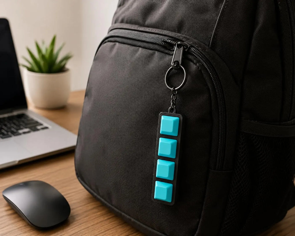 Teal mechanical keycap keychain on a black backpack