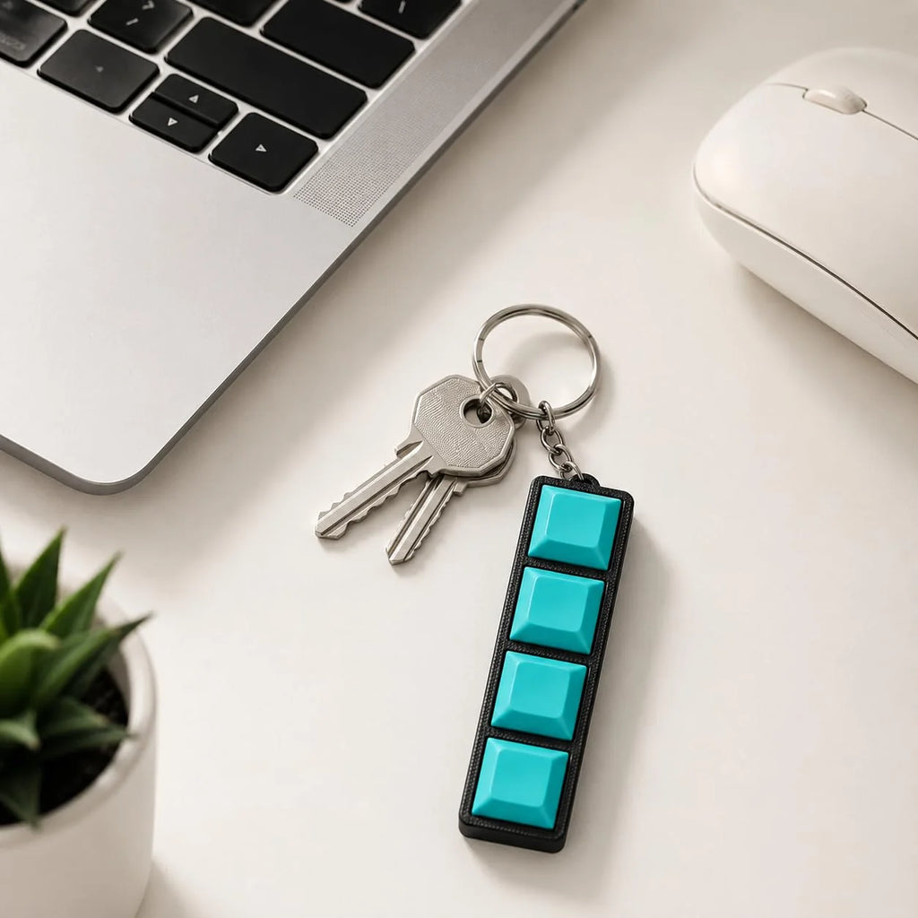 Teal 4-key mechanical keychain with house keys beside a laptop