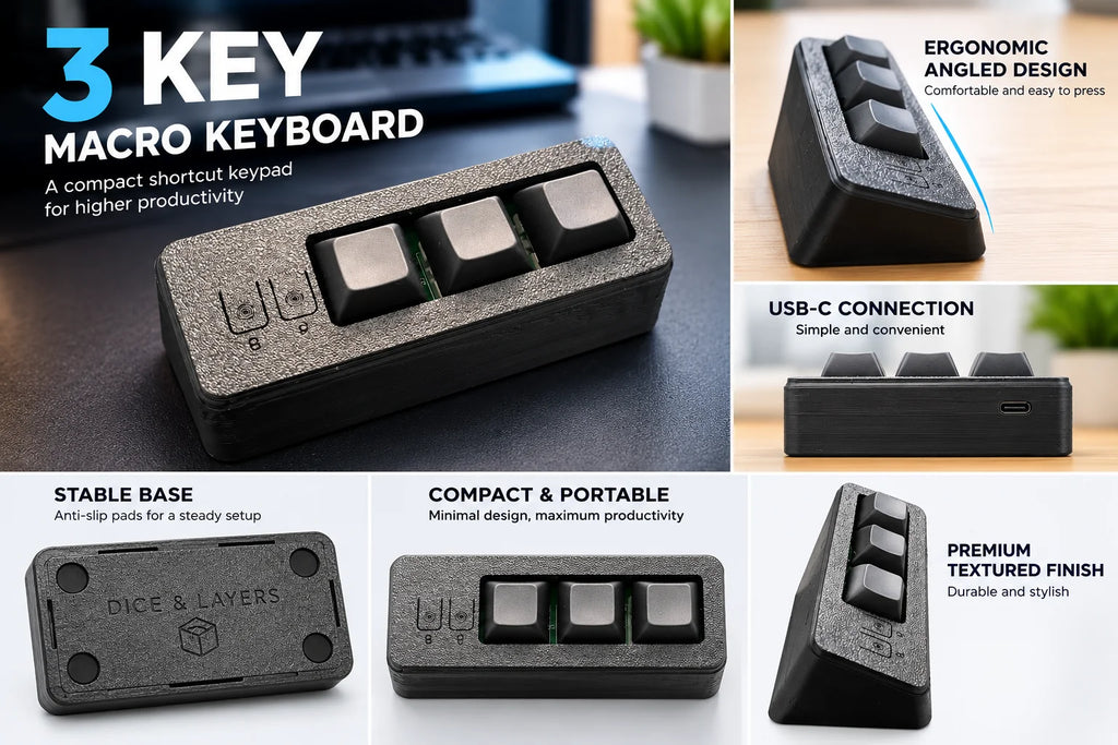PicoPad 3x1 3-key macro keyboard features: ergonomic angle, USB-C, stable base