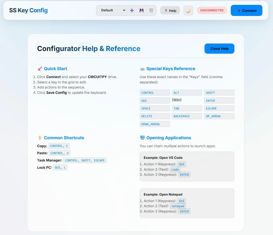 PicoPad configurator help and special keys reference