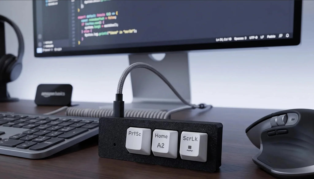 PicoPad 3x1 with labelled keycaps on a coding desk