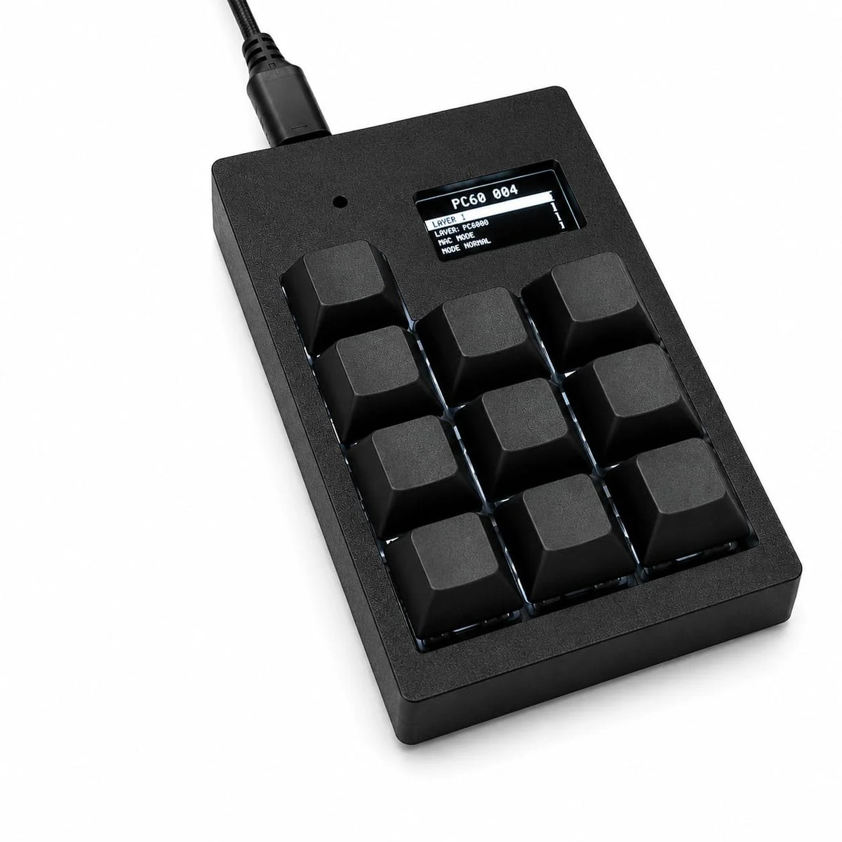 PicoPad 3x3+1 macro keyboard in black with 9 mechanical keys and OLED display