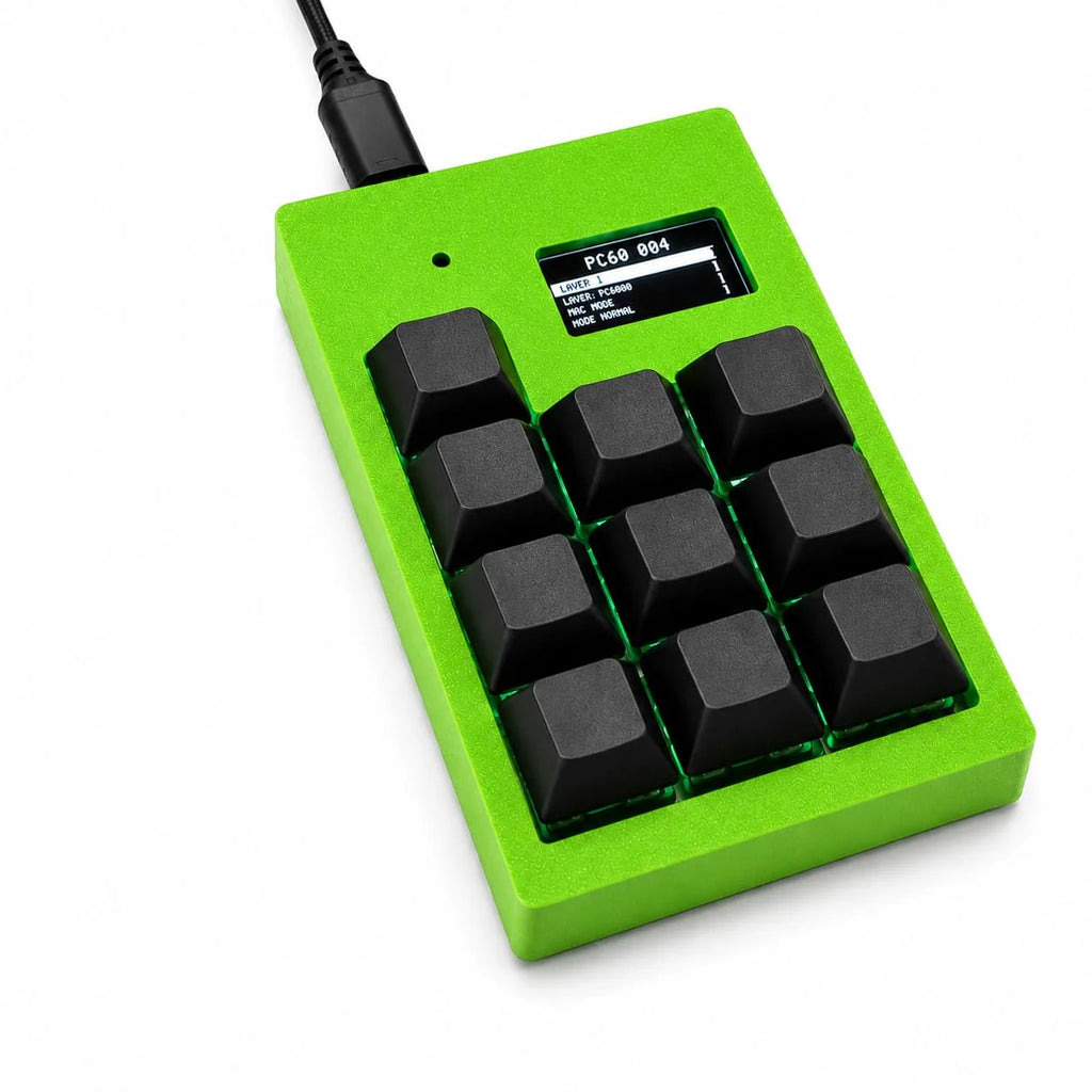 PicoPad 3x3+1 in green and black with 9 keys and OLED display