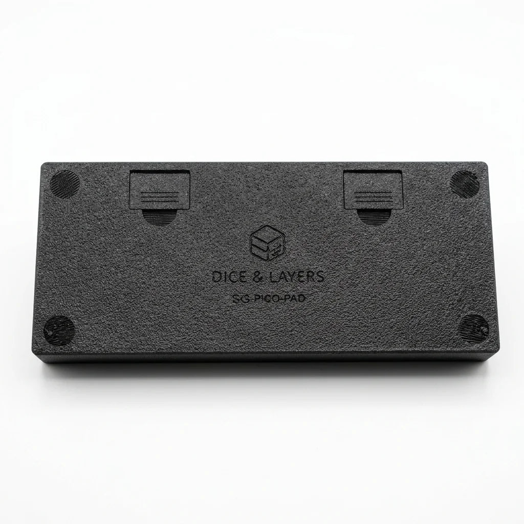 PicoPad 5x3 bottom plate with Dice & Layers branding and stand clips