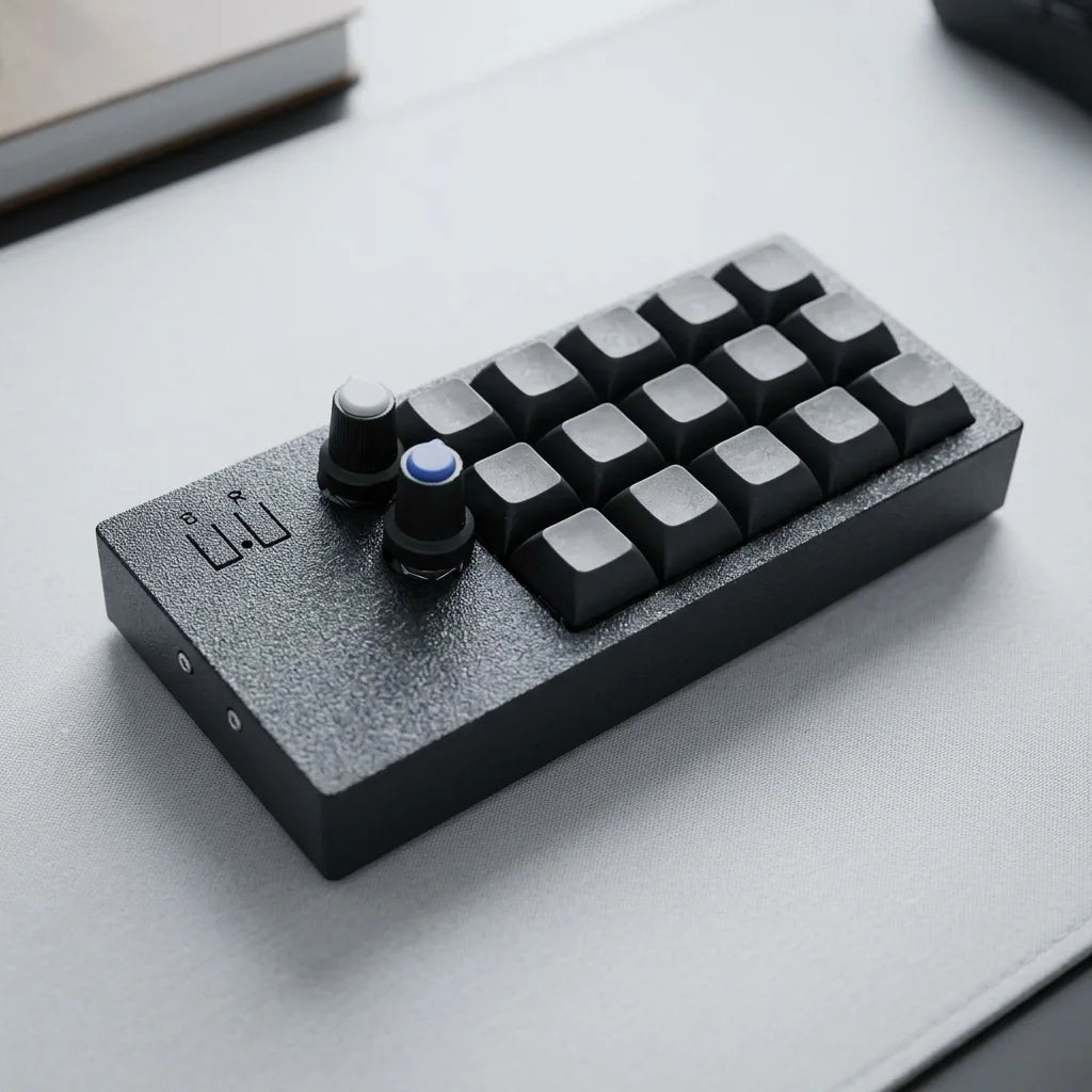 PicoPad 5x3 15-key macro pad at an angle on a grey desk