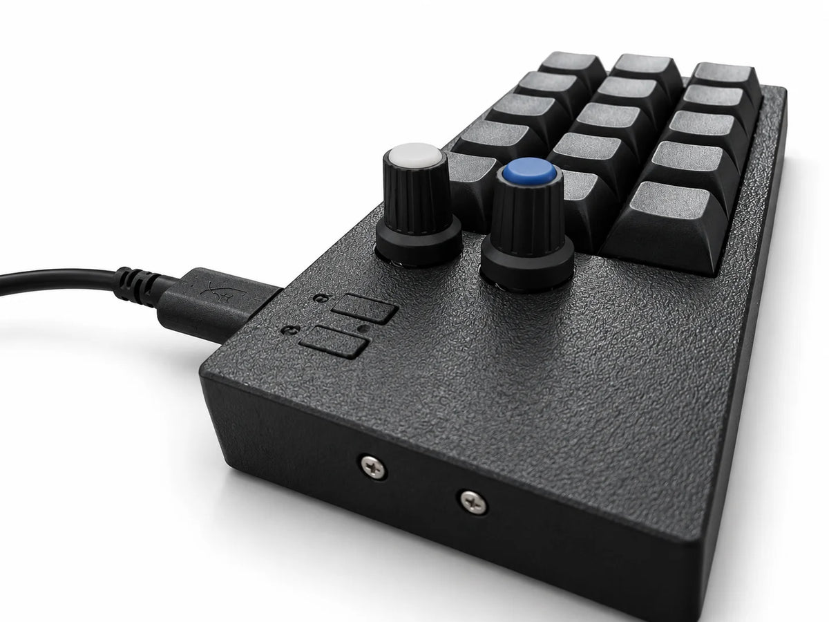 PicoPad 5x3 side view with two volume knobs and USB-C cable connected