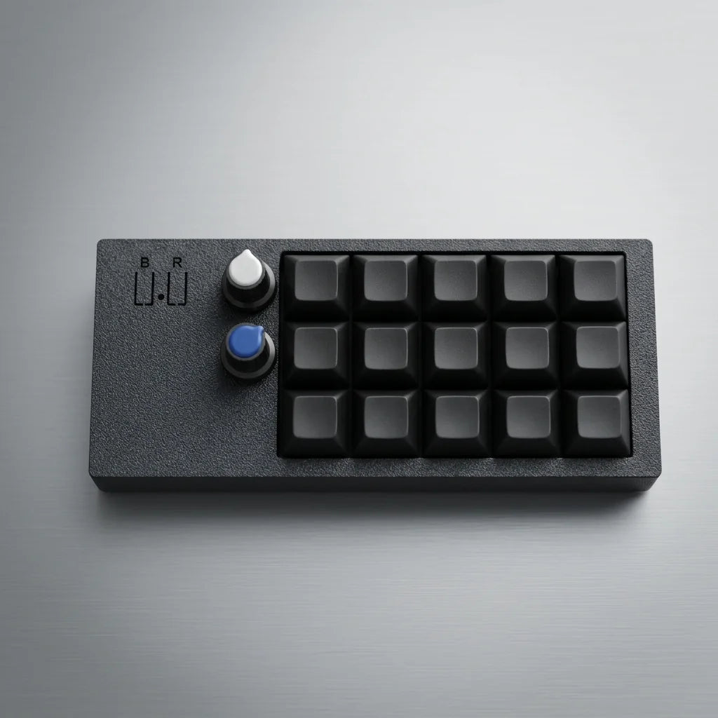 PicoPad 5x3 top view on grey background showing 15 keys and two knobs