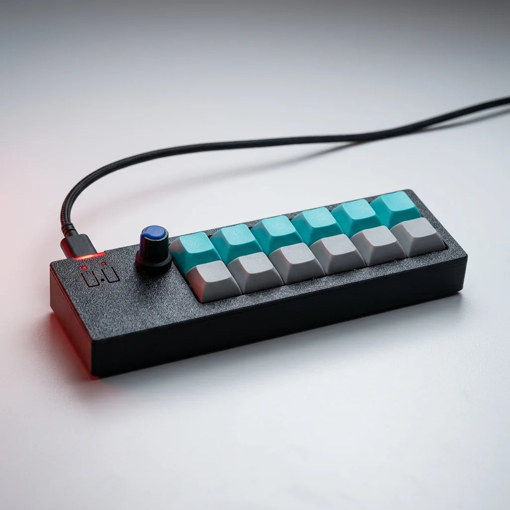 PicoPad 6x2 macro pad with USB-C cable at a low angle