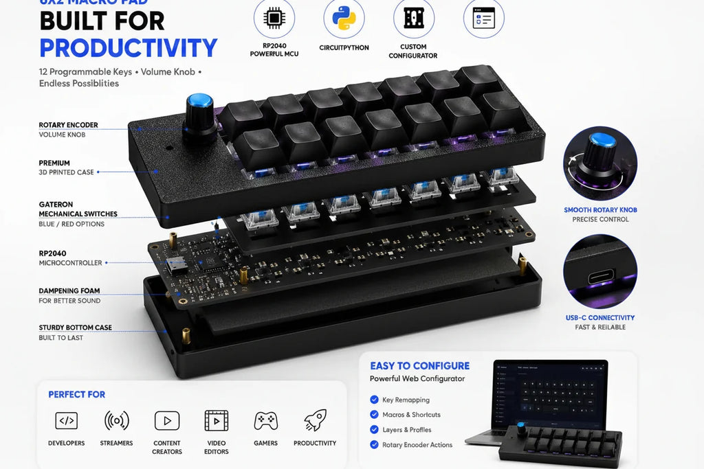 PicoPad 6x2 exploded view showing RP2040 board, Gateron switches and 3D printed case