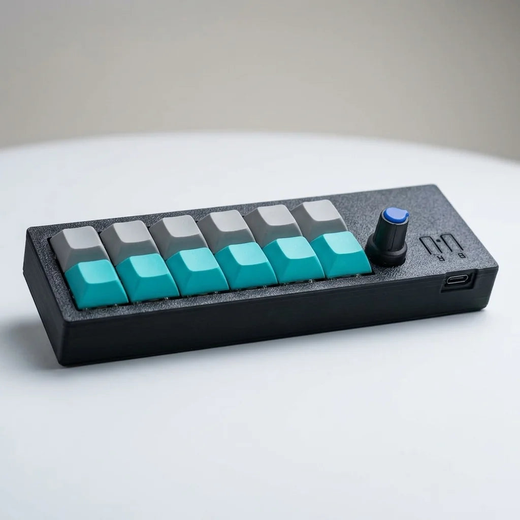 PicoPad 6x2 12-key macro pad at an angle with blue rotary knob