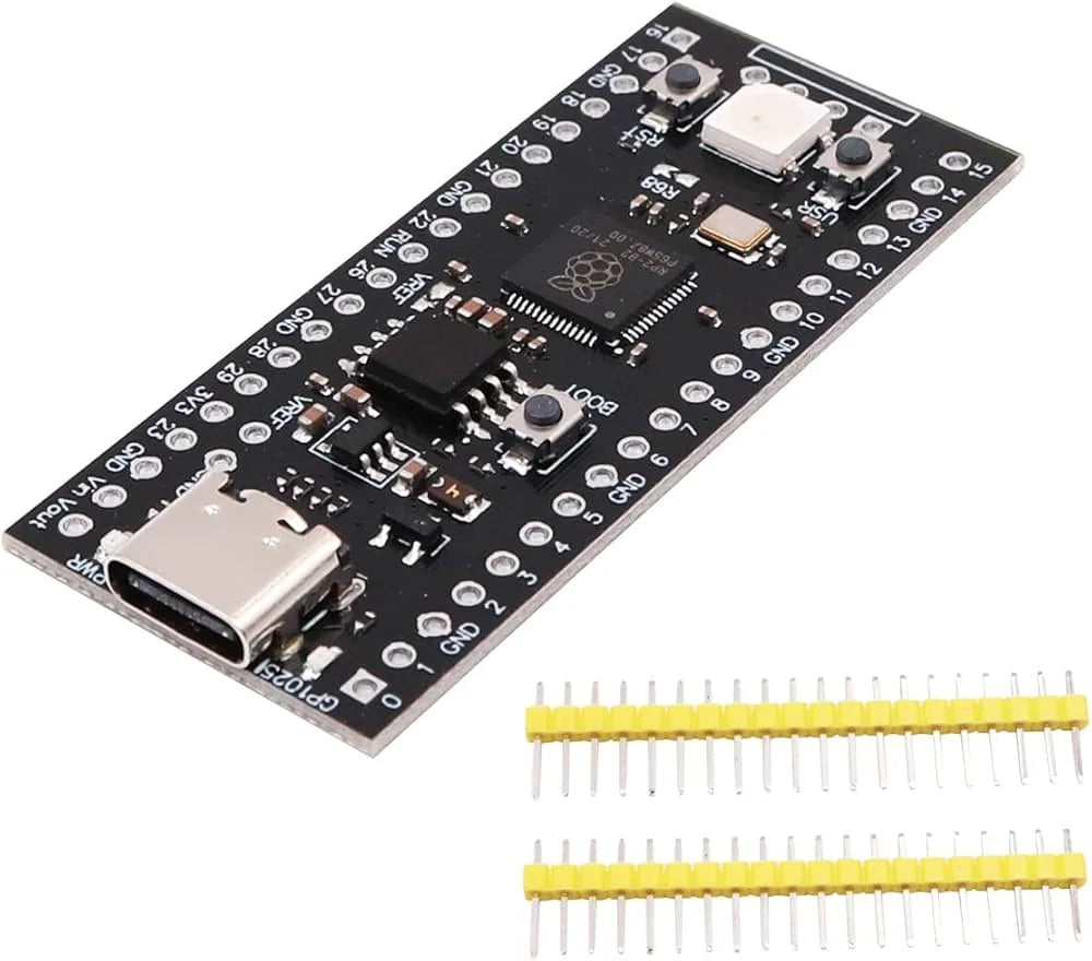 RP2040 USB-C development board at an angle with header strips