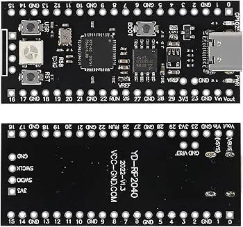 RP2040 USB-C board top and bottom showing pin labels