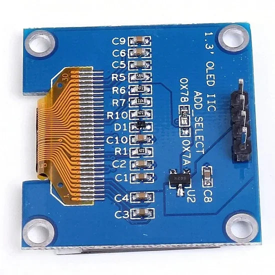 Back of OLED display module showing the PCB and I2C address jumper