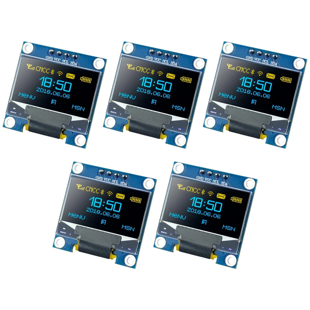 Five SSD1306 OLED modules lit up showing clock text
