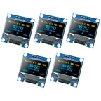 Five SSD1306 OLED modules lit up showing clock text