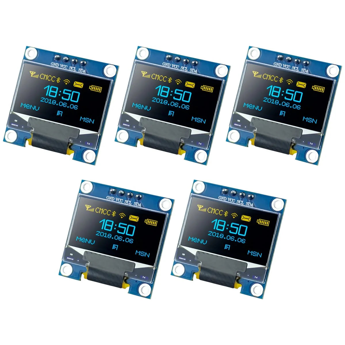 Five SSD1306 OLED modules lit up showing clock text