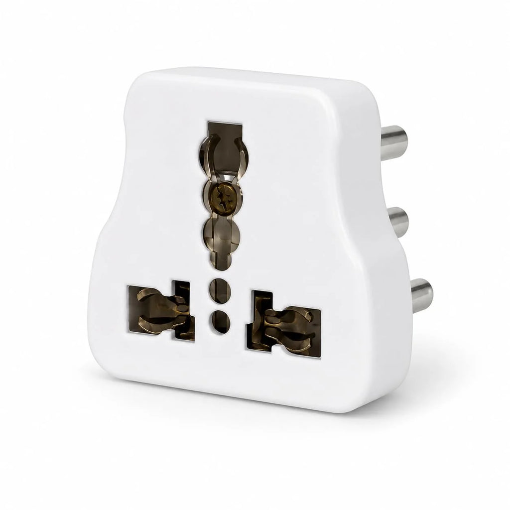 6A to 16A 3 pin conversion plug at an angle showing the 16A pins