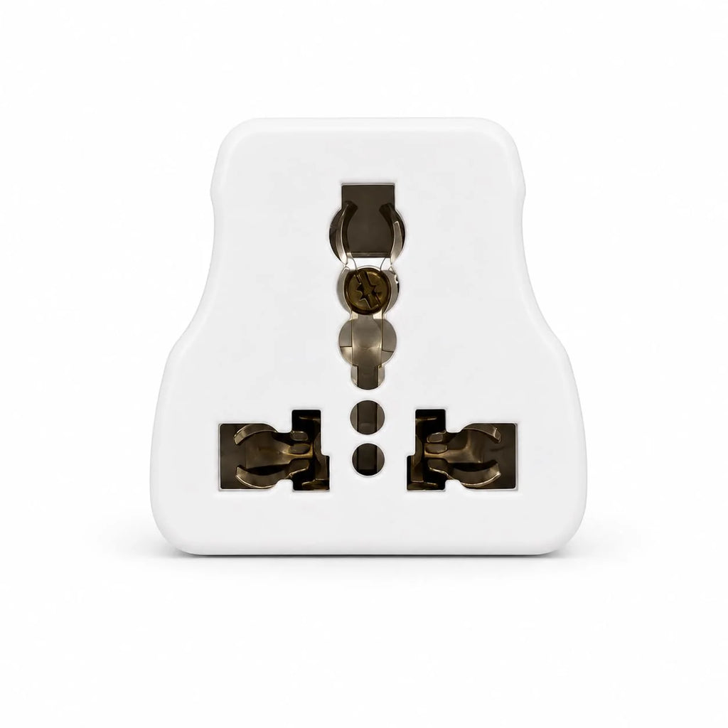 Universal 3 pin conversion plug, 6A to 16A, white, front view of socket